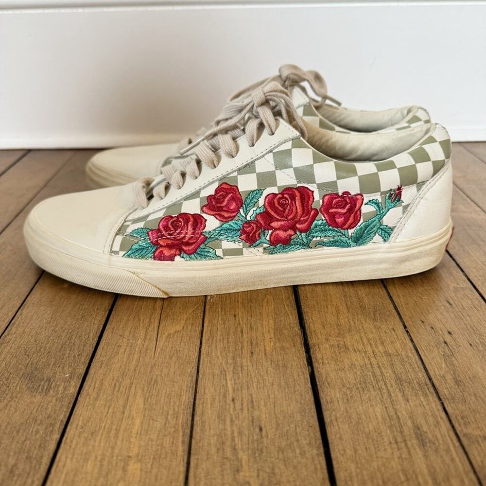 Vans Old Skool DX Leather Checkerboard Rose Embroidered Sneakers M 10.5 W 12 - Picture 5 of 10